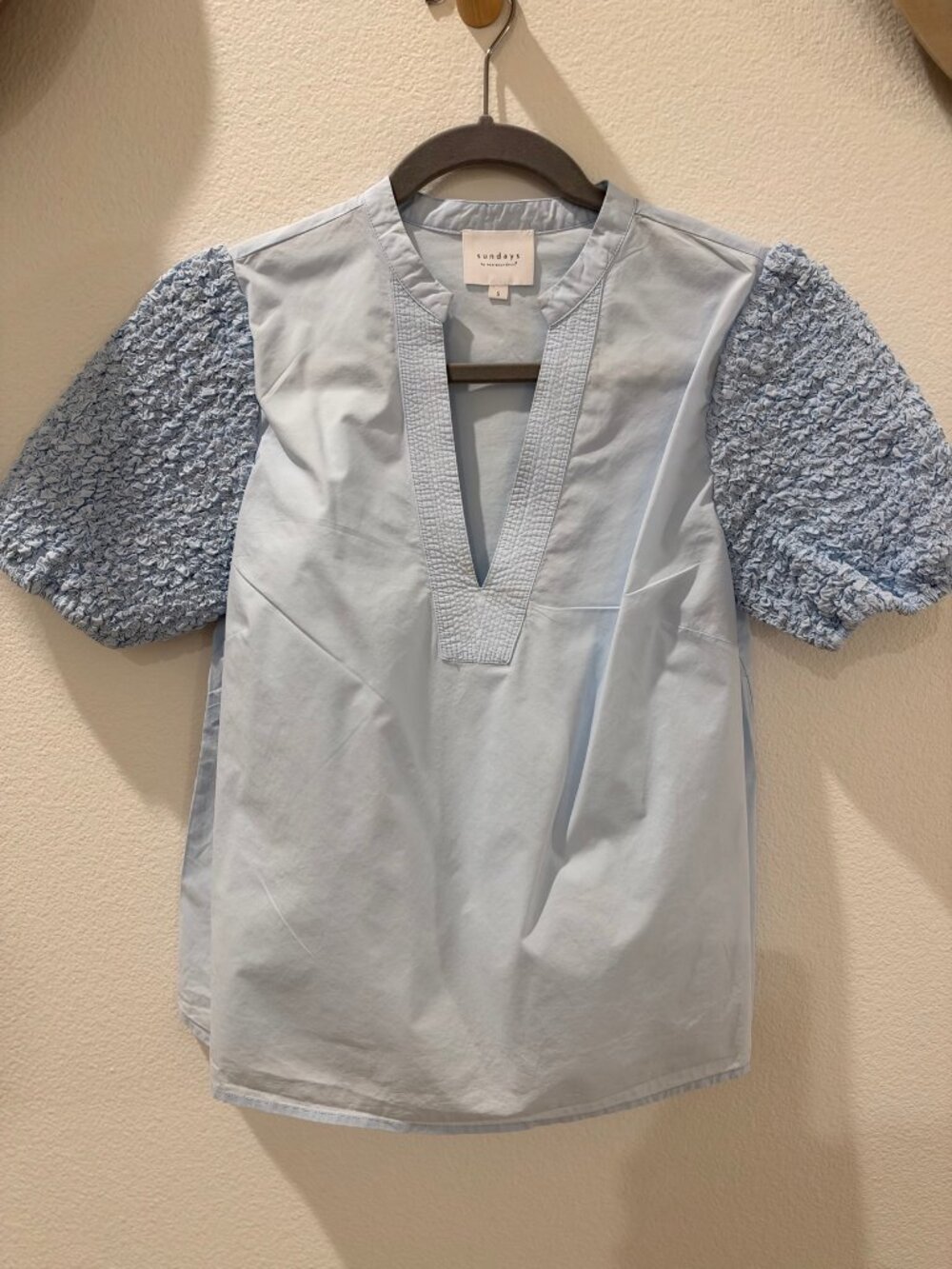Sundays Smocked Puff Sleeve Top, Size S, Light Blue